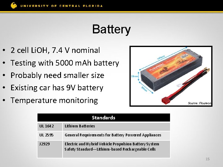 Battery • • • 2 cell Li. OH, 7. 4 V nominal Testing with