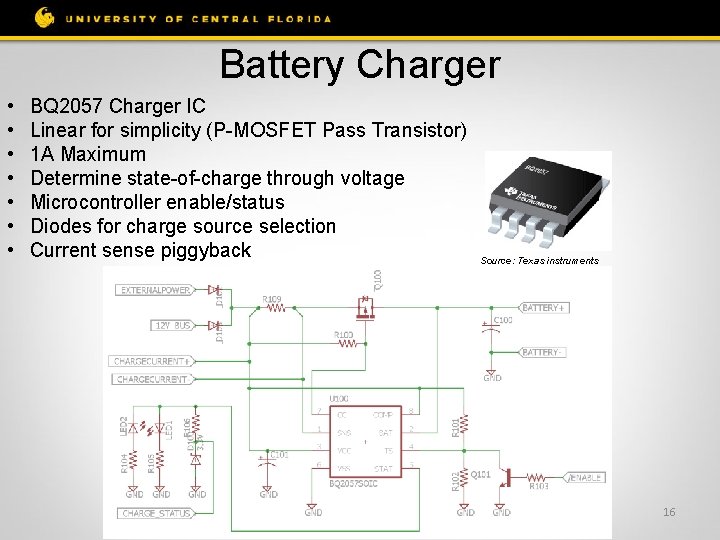 Battery Charger • • BQ 2057 Charger IC Linear for simplicity (P-MOSFET Pass Transistor)