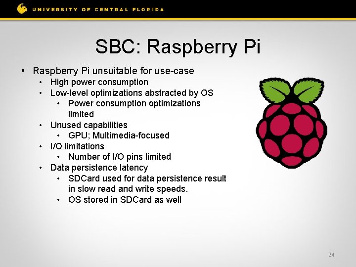 SBC: Raspberry Pi • Raspberry Pi unsuitable for use-case • High power consumption •