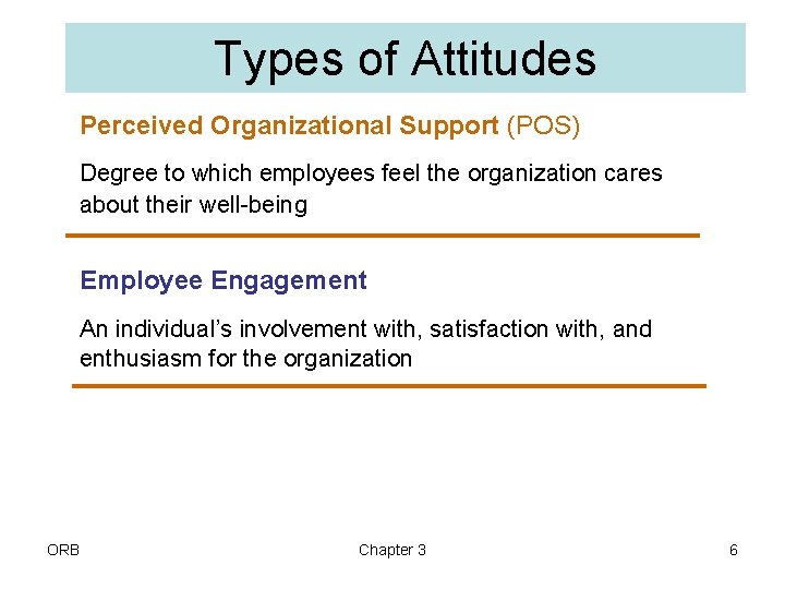 Types of Attitudes Perceived Organizational Support (POS) Degree to which employees feel the organization