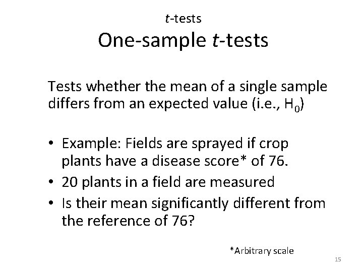 t-tests One-sample t-tests Tests whether the mean of a single sample differs from an