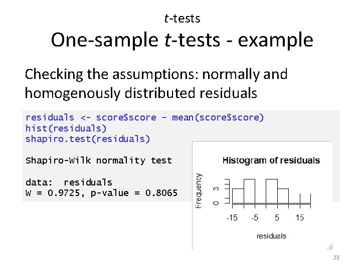 t-tests One-sample t-tests - example Checking the assumptions: normally and homogenously distributed residuals <-