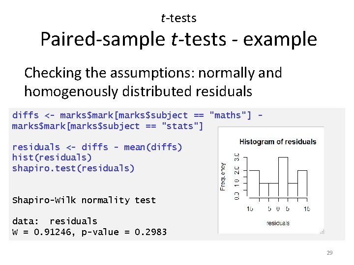 t-tests Paired-sample t-tests - example Checking the assumptions: normally and homogenously distributed residuals diffs