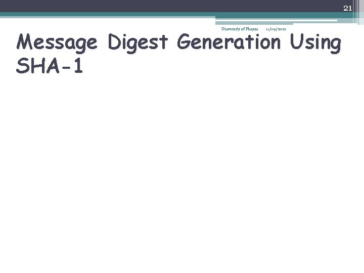 21 Message Digest Generation Using SHA-1 University of Phayao 11/09/2021 