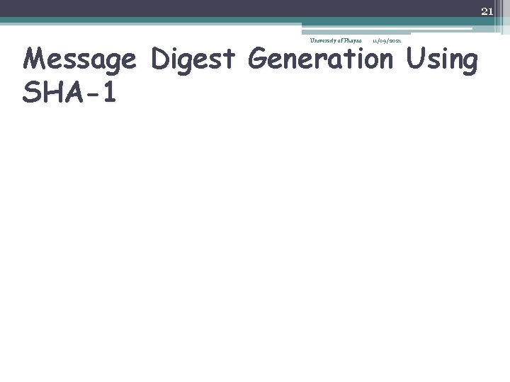 21 Message Digest Generation Using SHA-1 University of Phayao 11/09/2021 