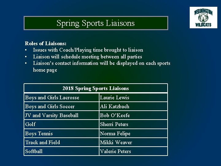 Spring Sports Liaisons Roles of Liaisons: ▪ Issues with Coach/Playing time brought to liaison