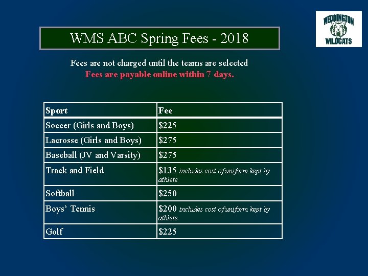 WMS ABC Spring Fees - 2018 Fees are not charged until the teams are