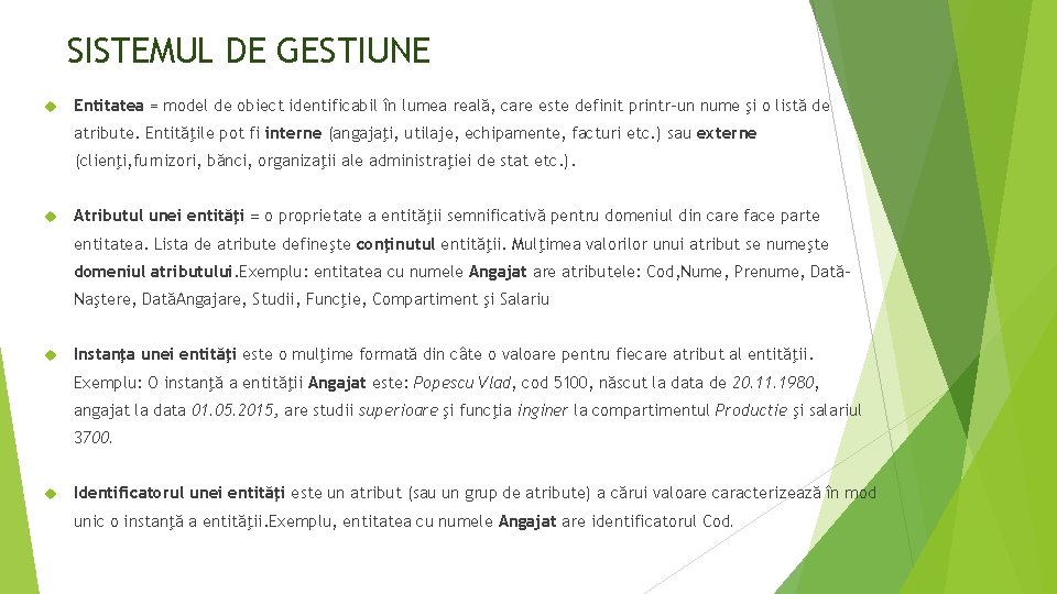 SISTEMUL DE GESTIUNE Entitatea = model de obiect identificabil în lumea reală, care este