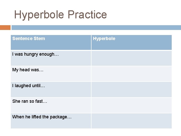 Hyperbole Practice Sentence Stem I was hungry enough… My head was… I laughed until… Hyperbole Practice Sentence Stem I was hungry enough… My head was… I laughed until…