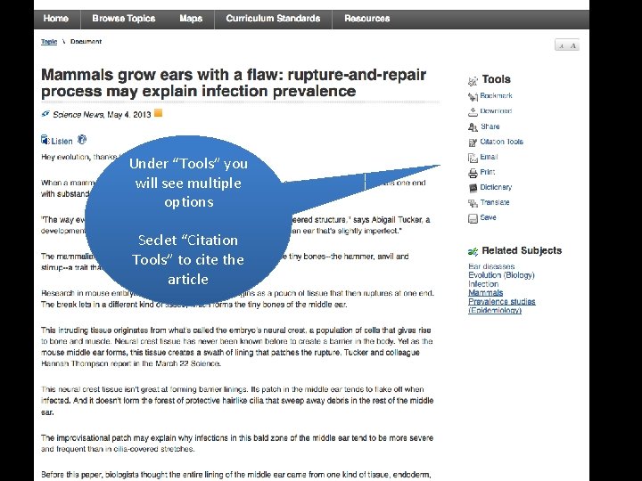 Under “Tools” you will see multiple options Seclet “Citation Tools” to cite the article