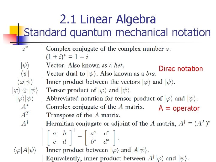 2. 1 Linear Algebra Standard quantum mechanical notation Dirac notation A = operator 