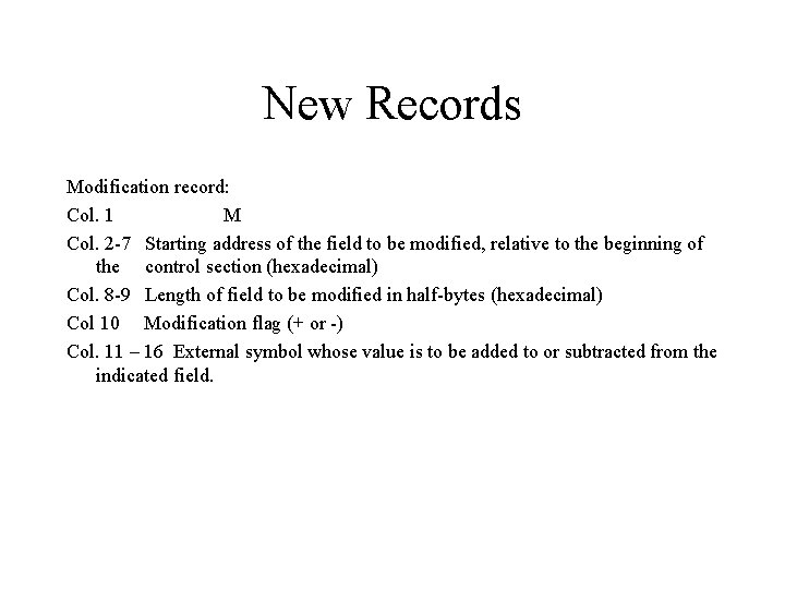 New Records Modification record: Col. 1 M Col. 2 -7 Starting address of the