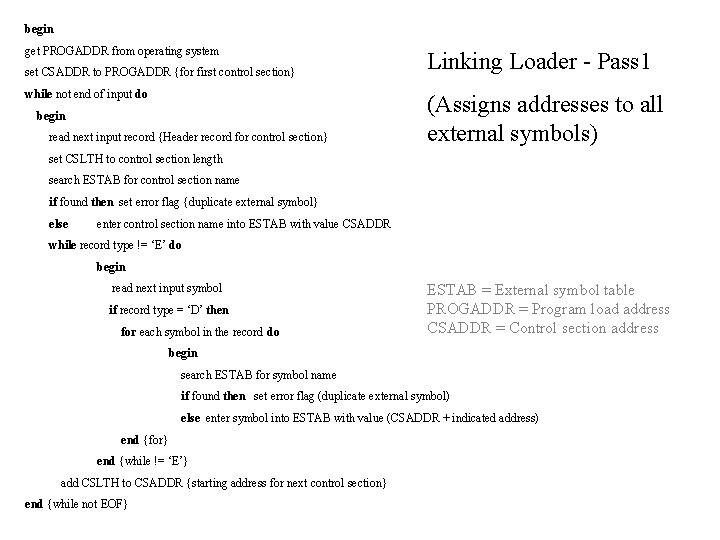 begin get PROGADDR from operating system set CSADDR to PROGADDR {for first control section} begin get PROGADDR from operating system set CSADDR to PROGADDR {for first control section}