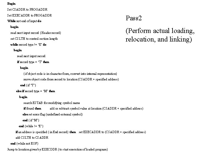 Begin Set CSADDR to PROGADDR Set EXECADDR to PROGADDR While not end of input