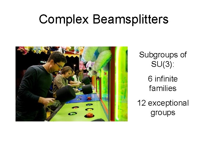Complex Beamsplitters Subgroups of SU(3): 6 infinite families 12 exceptional groups 