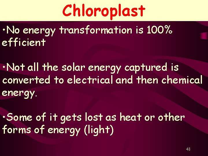 Chloroplast • No energy transformation is 100% efficient • Not all the solar energy