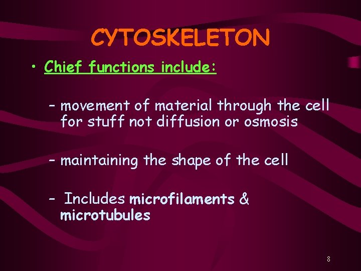 CYTOSKELETON • Chief functions include: – movement of material through the cell for stuff