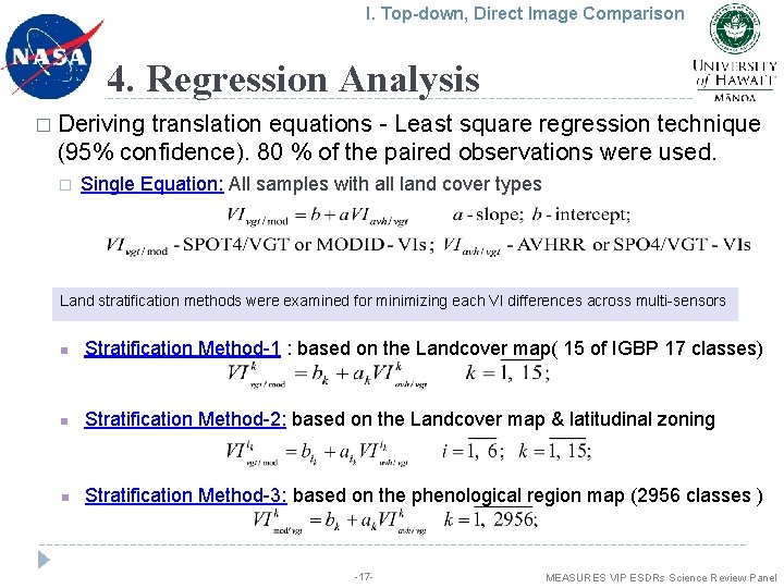 I. Top-down, Direct Image Comparison 4. Regression Analysis � Deriving translation equations - Least