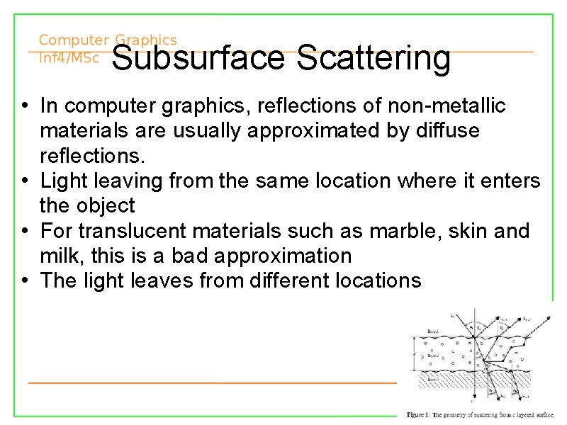 Subsurface Scattering • In computer graphics, reflections of non-metallic materials are usually approximated by