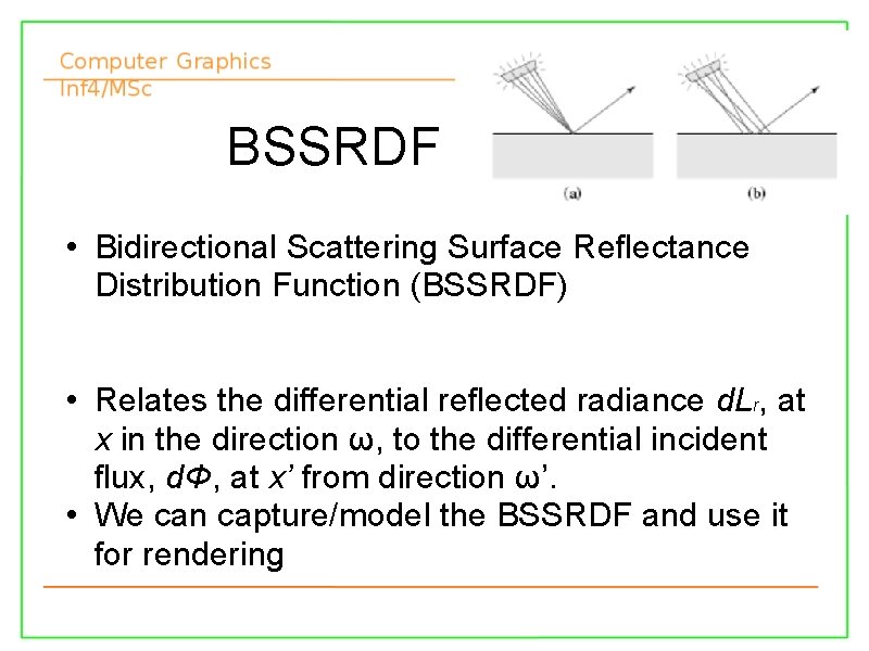 BSSRDF • Bidirectional Scattering Surface Reflectance Distribution Function (BSSRDF) • Relates the differential reflected