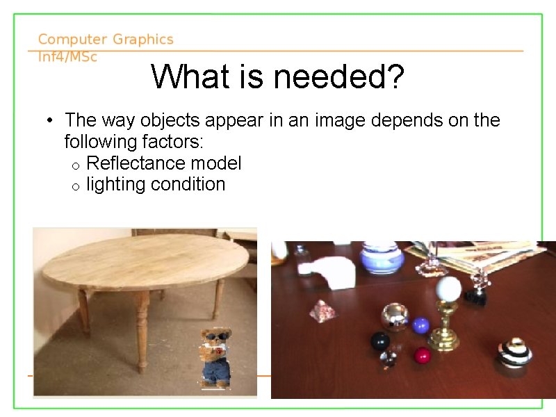 What is needed? • The way objects appear in an image depends on the