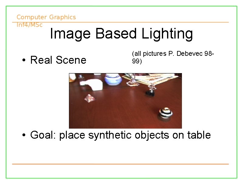 Image Based Lighting • Real Scene (all pictures P. Debevec 9899) • Goal: place
