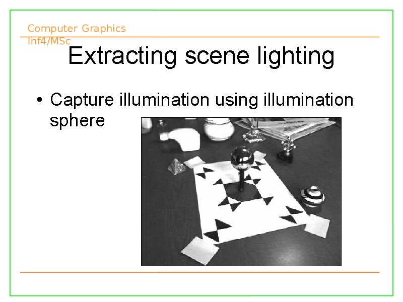 Extracting scene lighting • Capture illumination using illumination sphere 13/11/2007 