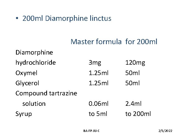  • 200 ml Diamorphine linctus Master formula for 200 ml Diamorphine hydrochloride Oxymel