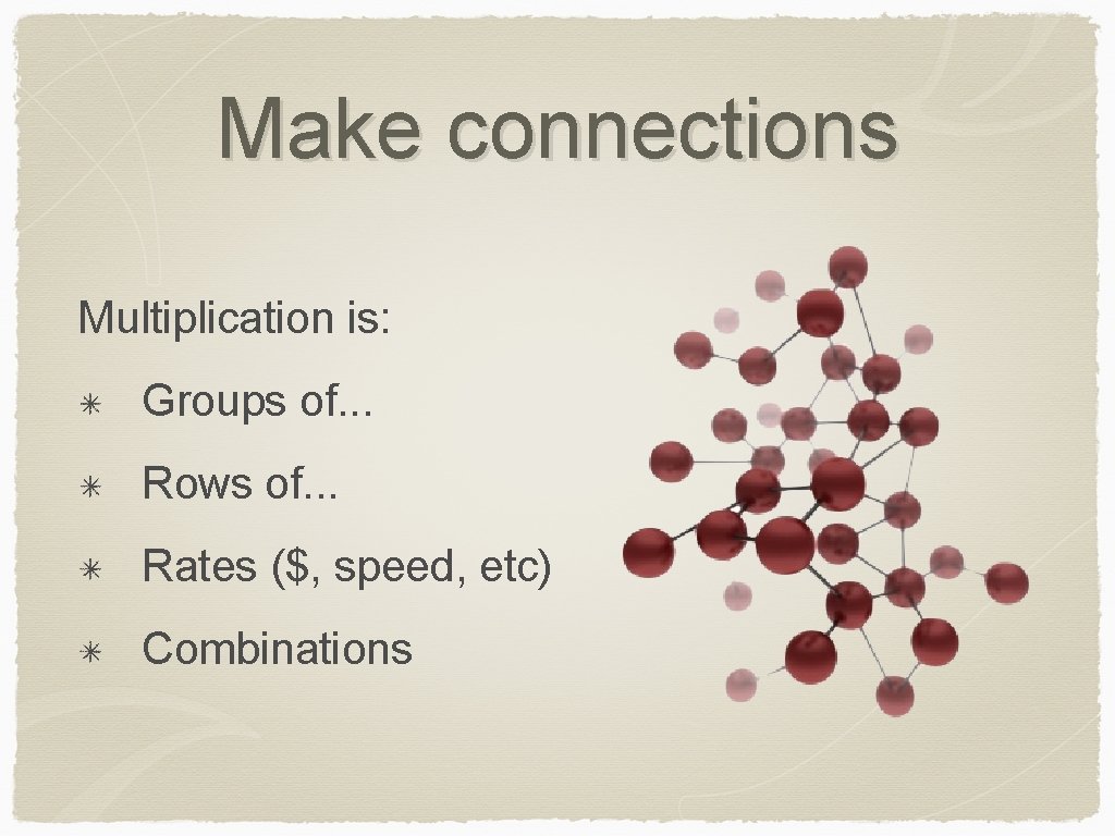 Make connections Multiplication is: Groups of. . . Rows of. . . Rates ($,