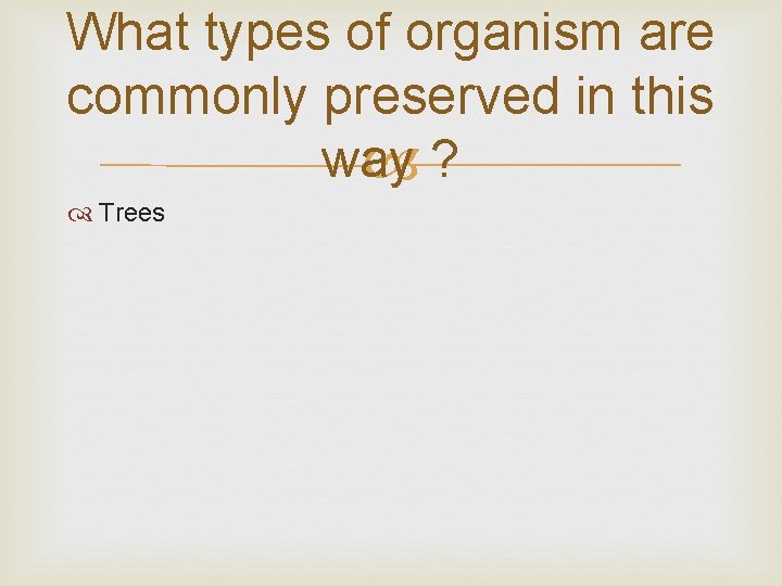 What types of organism are commonly preserved in this way ? Trees 