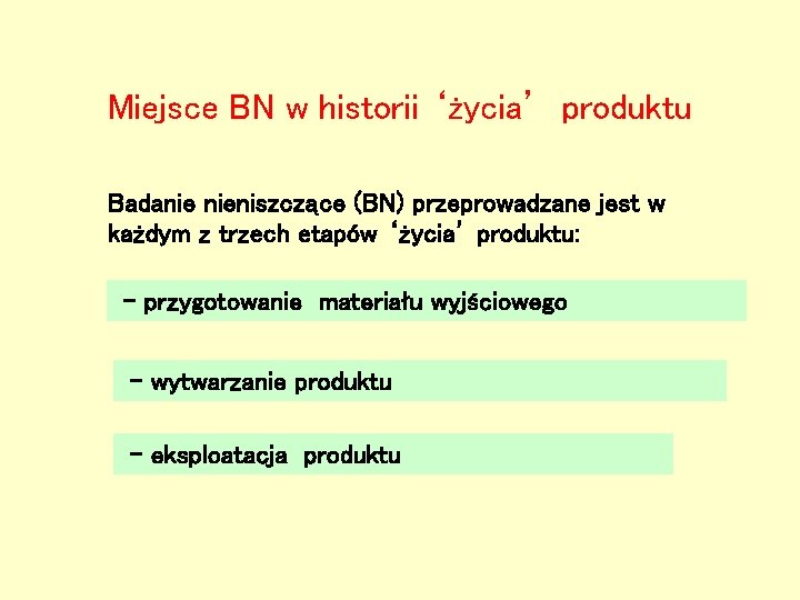 Miejsce BN w historii ‘życia’ produktu Badanie nieniszczące (BN) przeprowadzane jest w każdym z