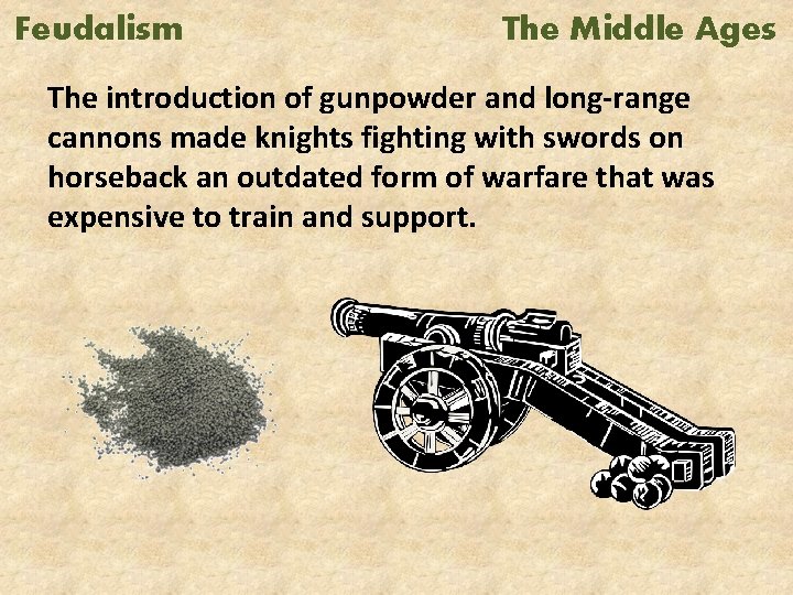 Feudalism The Middle Ages The introduction of gunpowder and long-range cannons made knights fighting