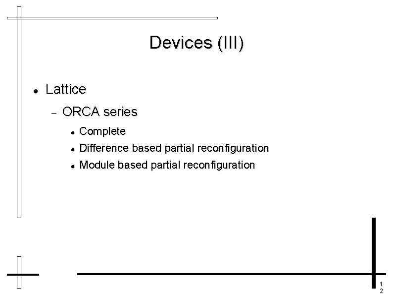 Devices (III) Lattice ORCA series Complete Difference based partial reconfiguration Module based partial reconfiguration