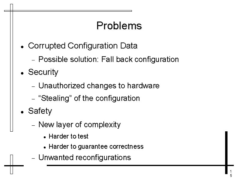 Problems Corrupted Configuration Data Possible solution: Fall back configuration Security Unauthorized changes to hardware