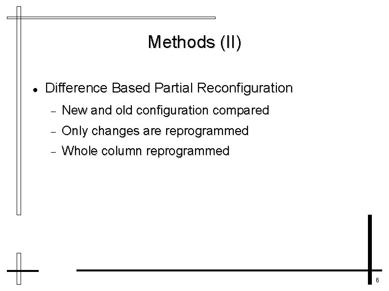 Methods (II) Difference Based Partial Reconfiguration New and old configuration compared Only changes are