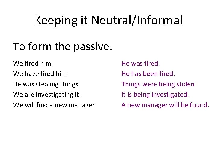 Keeping it Neutral/Informal To form the passive. We fired him. We have fired him.