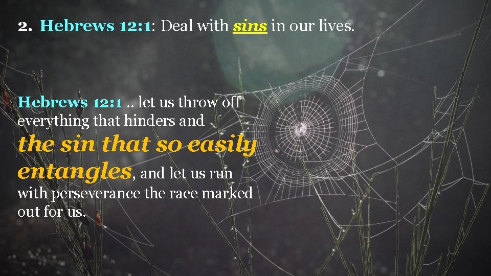 2. Hebrews 12: 1: Deal with sins in our lives. Hebrews 12: 1. .