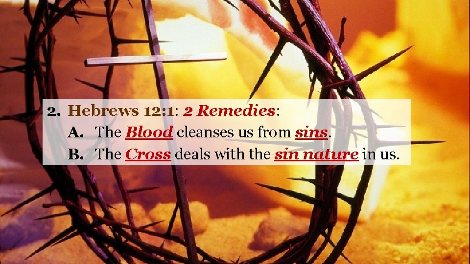 2. Hebrews 12: 1: 2 Remedies: A. The Blood cleanses us from sins. B.