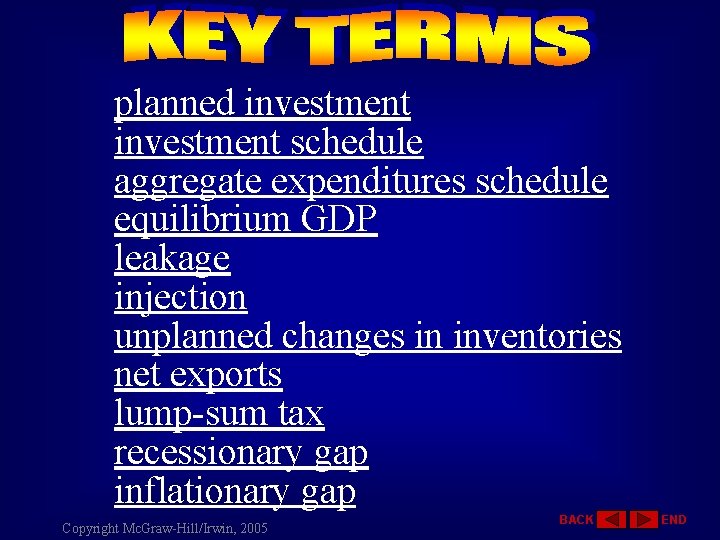 planned investment schedule aggregate expenditures schedule equilibrium GDP leakage injection unplanned changes in inventories