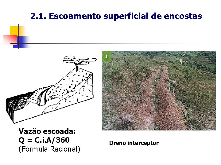 2. 1. Escoamento superficial de encostas Vazão escoada: Q = C. i. A/360 (Fórmula