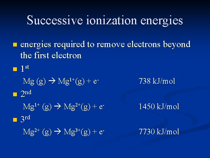 Successive ionization energies required to remove electrons beyond the first electron n 1 st