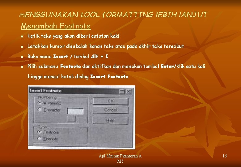 m. ENGGUNAKAN t. OOL f. ORMATTING l. EBIH l. ANJUT Menambah Footnote n Ketik