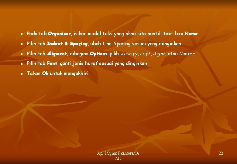 n Pada tab Organizer, isikan model teks yang akan kita buatdi text box Name