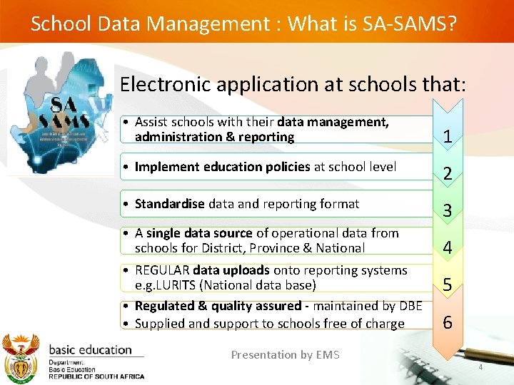 School Data Management : What is SA-SAMS? Electronic application at schools that: • Assist School Data Management : What is SA-SAMS? Electronic application at schools that: • Assist