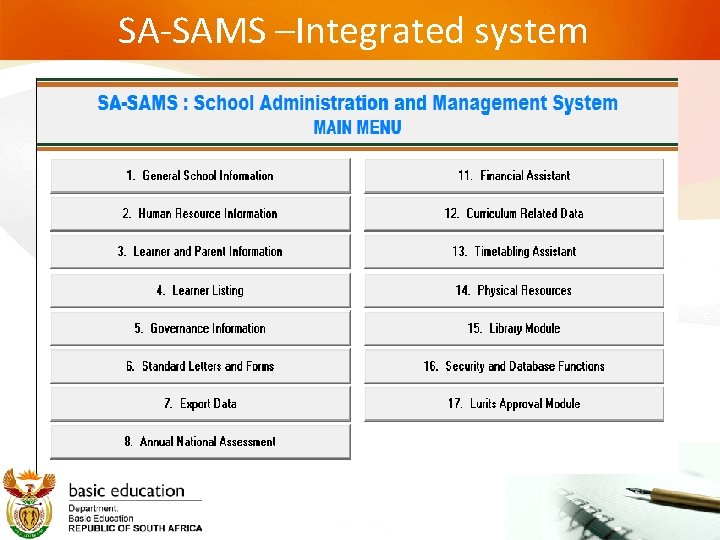 SA-SAMS –Integrated system SA-SAMS –Integrated system