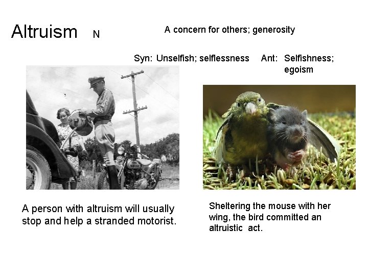 Altruism N A concern for others; generosity Syn: Unselfish; selflessness A person with altruism