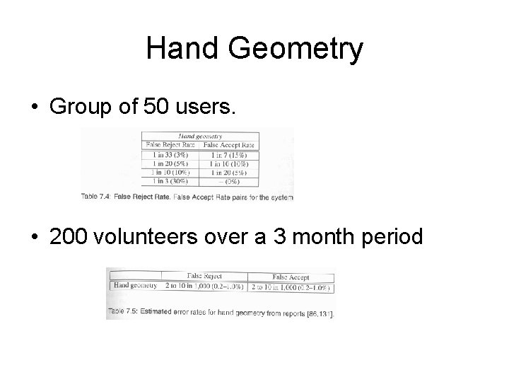 Hand Geometry • Group of 50 users. • 200 volunteers over a 3 month