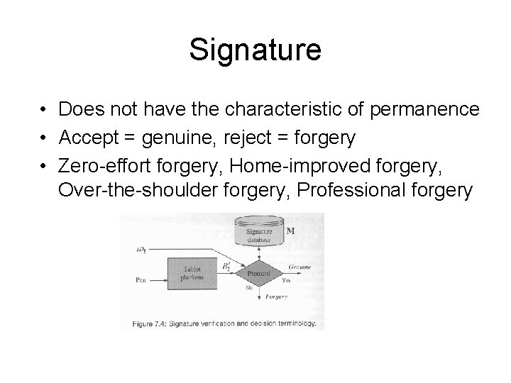 Signature • Does not have the characteristic of permanence • Accept = genuine, reject