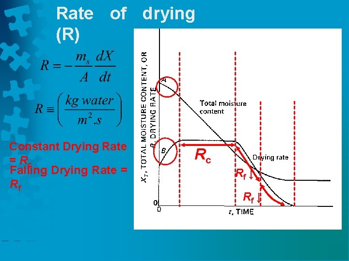 Rate of drying (R) Constant Drying Rate = Rc Falling Drying Rate = Rf