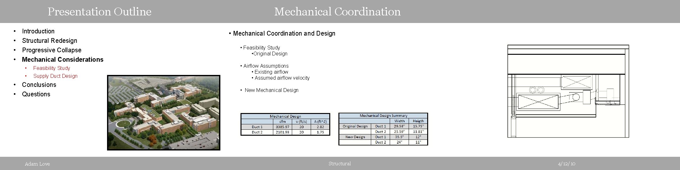 Presentation Outline • • Introduction Structural Redesign Progressive Collapse Mechanical Considerations • Feasibility Study